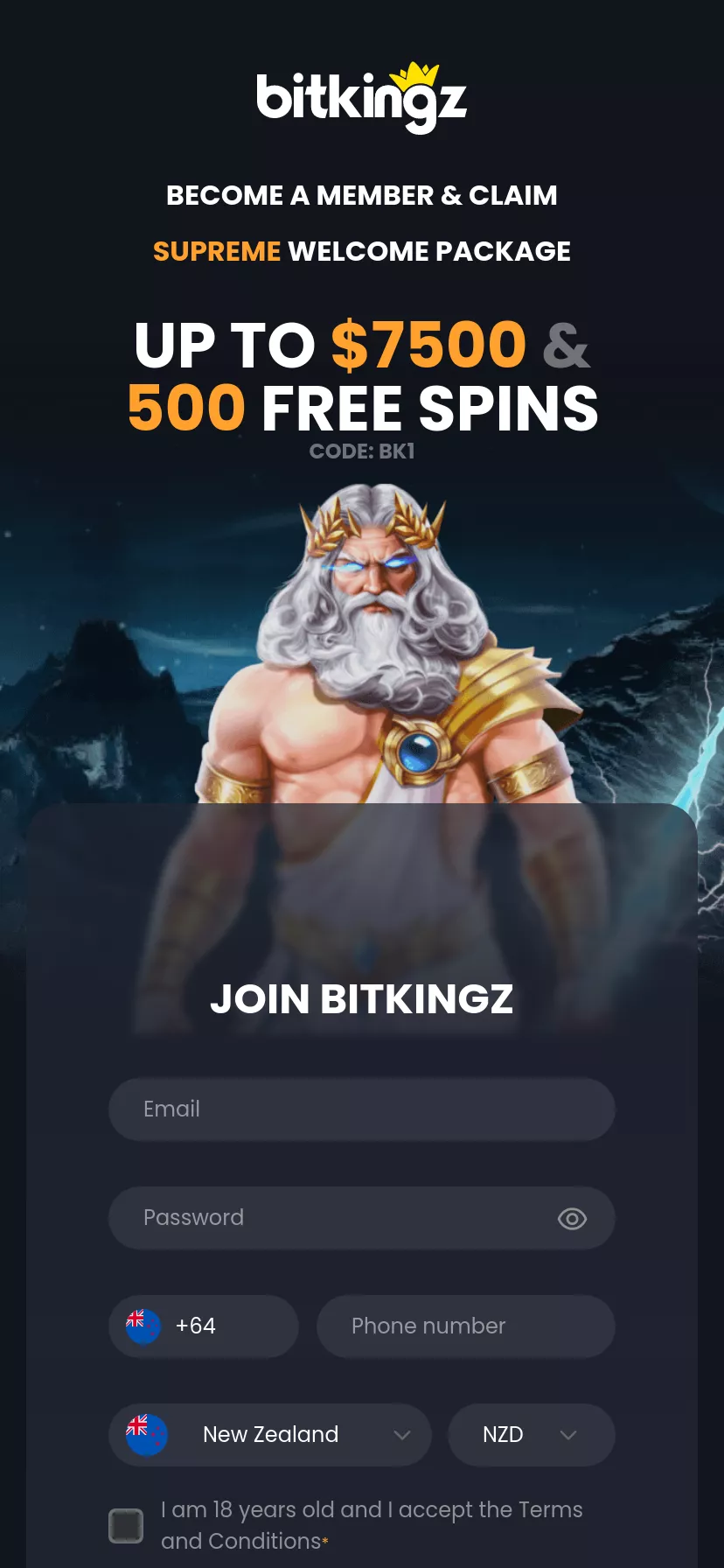 Mobile screen. Bitkingz 150% up to NZ$200 + 150 FS