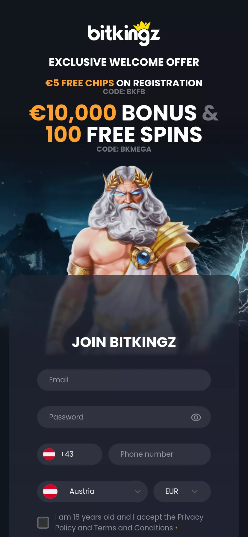 Mobile screen. Bitkingz Get $5 Free Chips