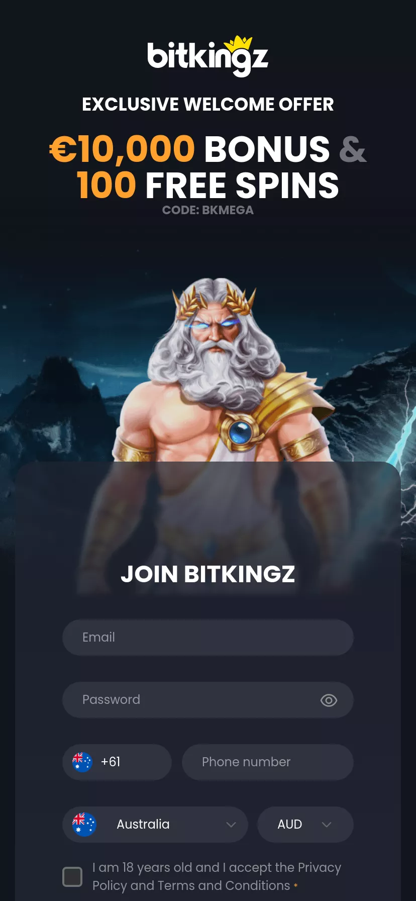Mobile screen. Bitkingz 100% up to A$15000 + 100 FS