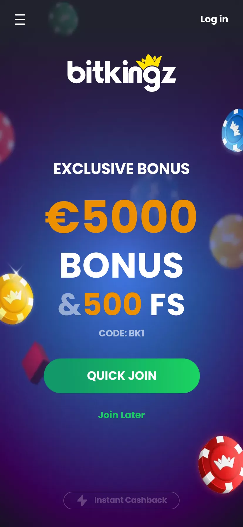 Mobile screen. Bitkingz Up to €5000 + 500 FS