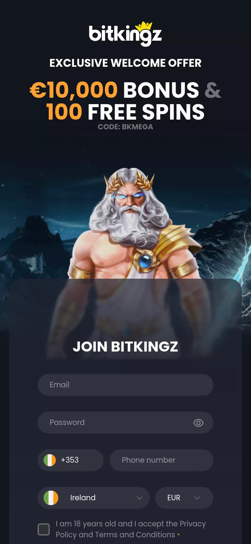 Mobile screen. Bitkingz Up to €5000 + 500 FS