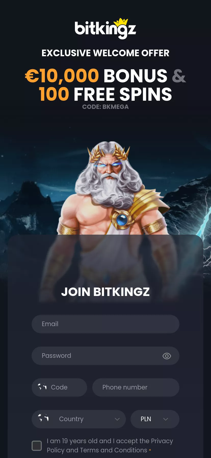 Mobile screen. Bitkingz Up to €5000 + 500 FS