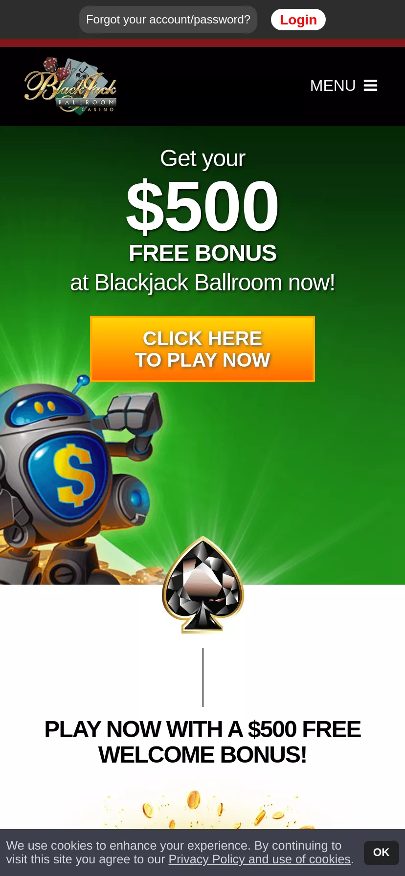 Mobile screen. Blackjack Ballroom Up to $500