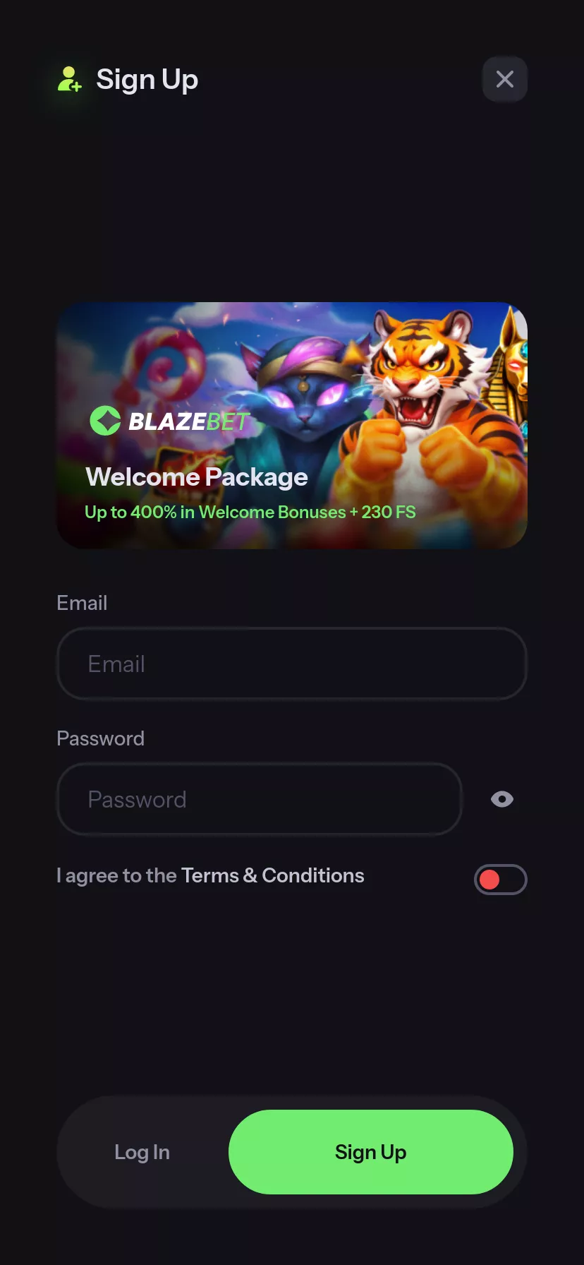 Mobile screen. BlazeBet Up to €4000 + 230 FS