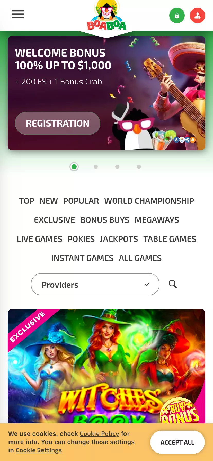 Mobile screen. BoaBoa 100% up to NZ$1000 + 200 FS + 1 Bonus Crab