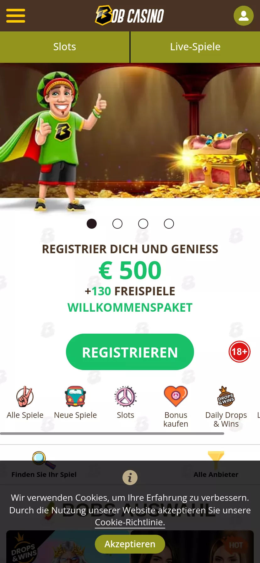 Mobile screen. Bob Casino Up to €500 + 130 FS