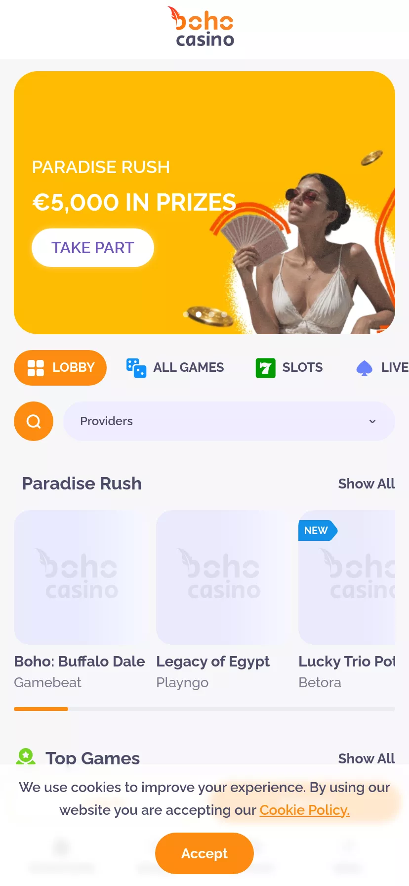 Mobile screen. Boho Casino Up to $2000 + 225 FS