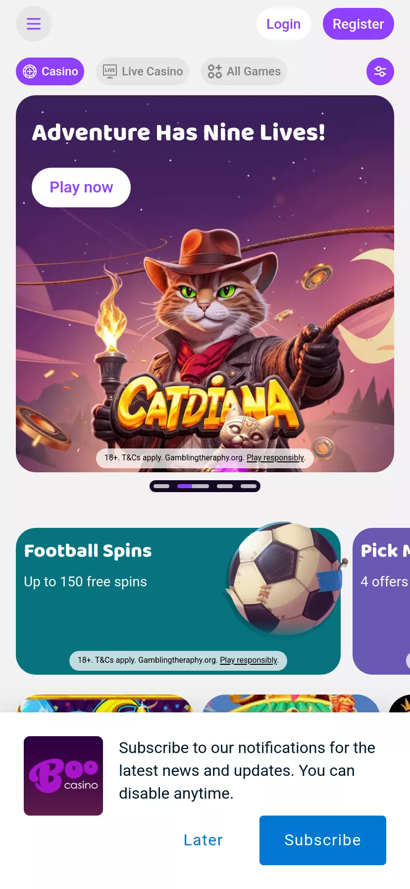 Mobile screen. Boo Casino Up to 50 FS