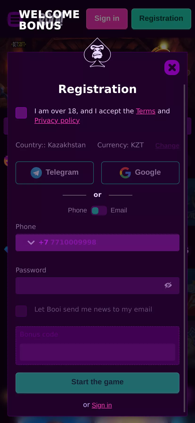 Mobile screen. Booi До $1500 + 100 FS