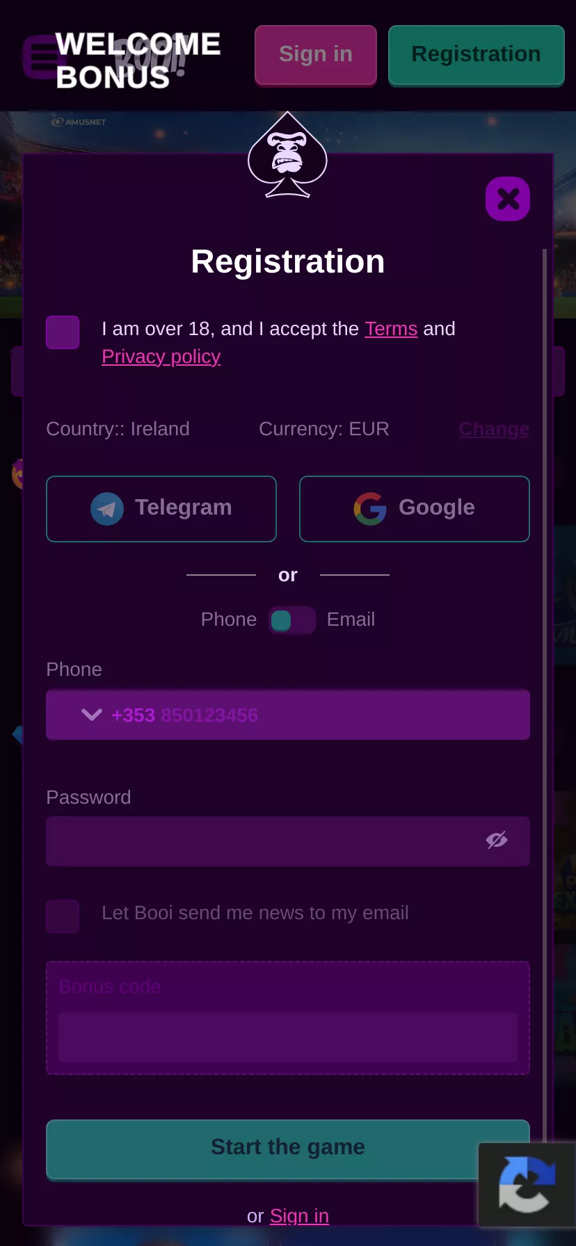 Mobile screen. Booi Up to €1500 + 100 FS
