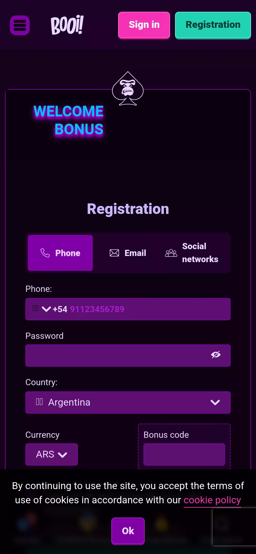 Mobile screen. Booi Up to $1500 + 100 FS