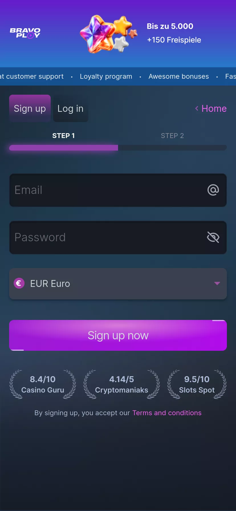 Mobile screen. BravoPlay Up to $5000 + 150 FS