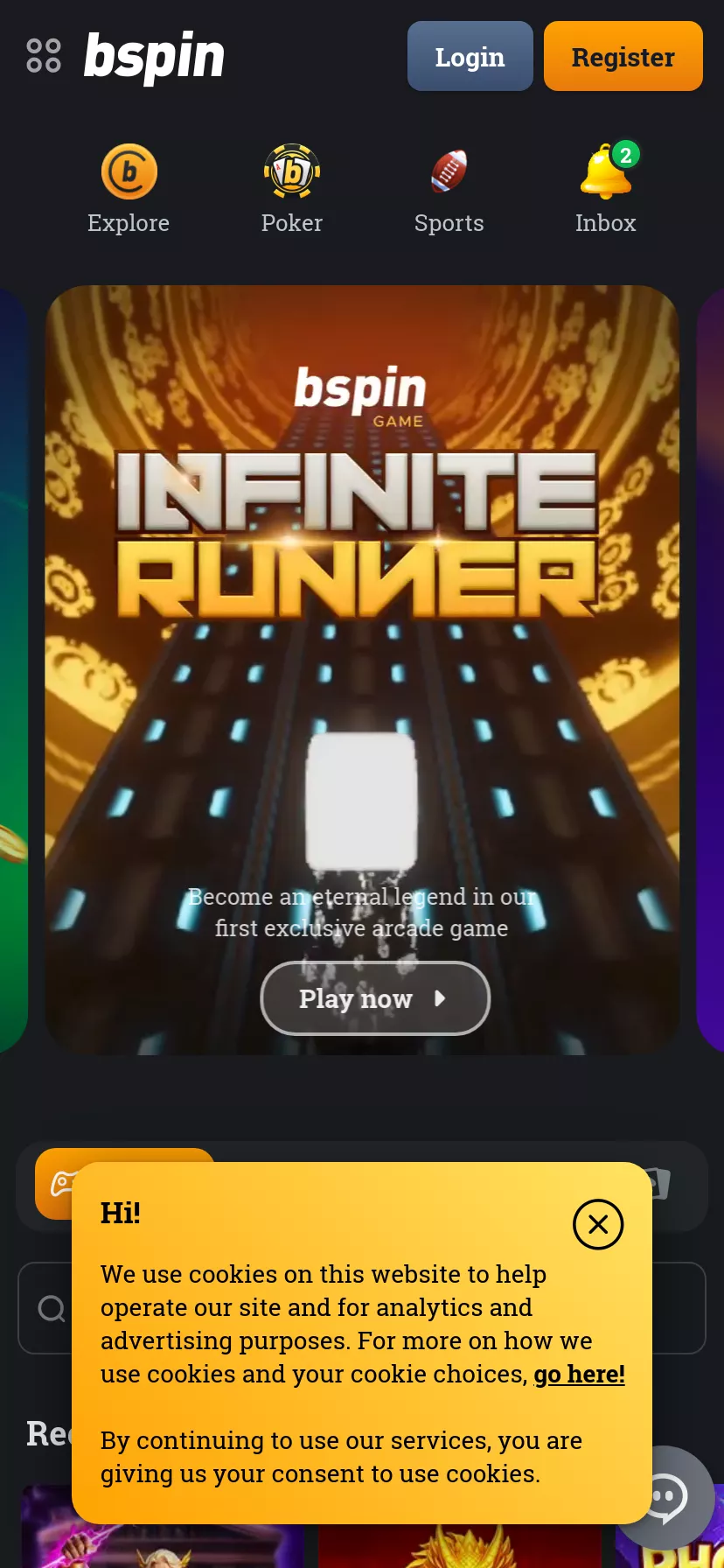 Mobile screen. Bspin.io Casino 100% up to mBtc1000000 + 20 FS