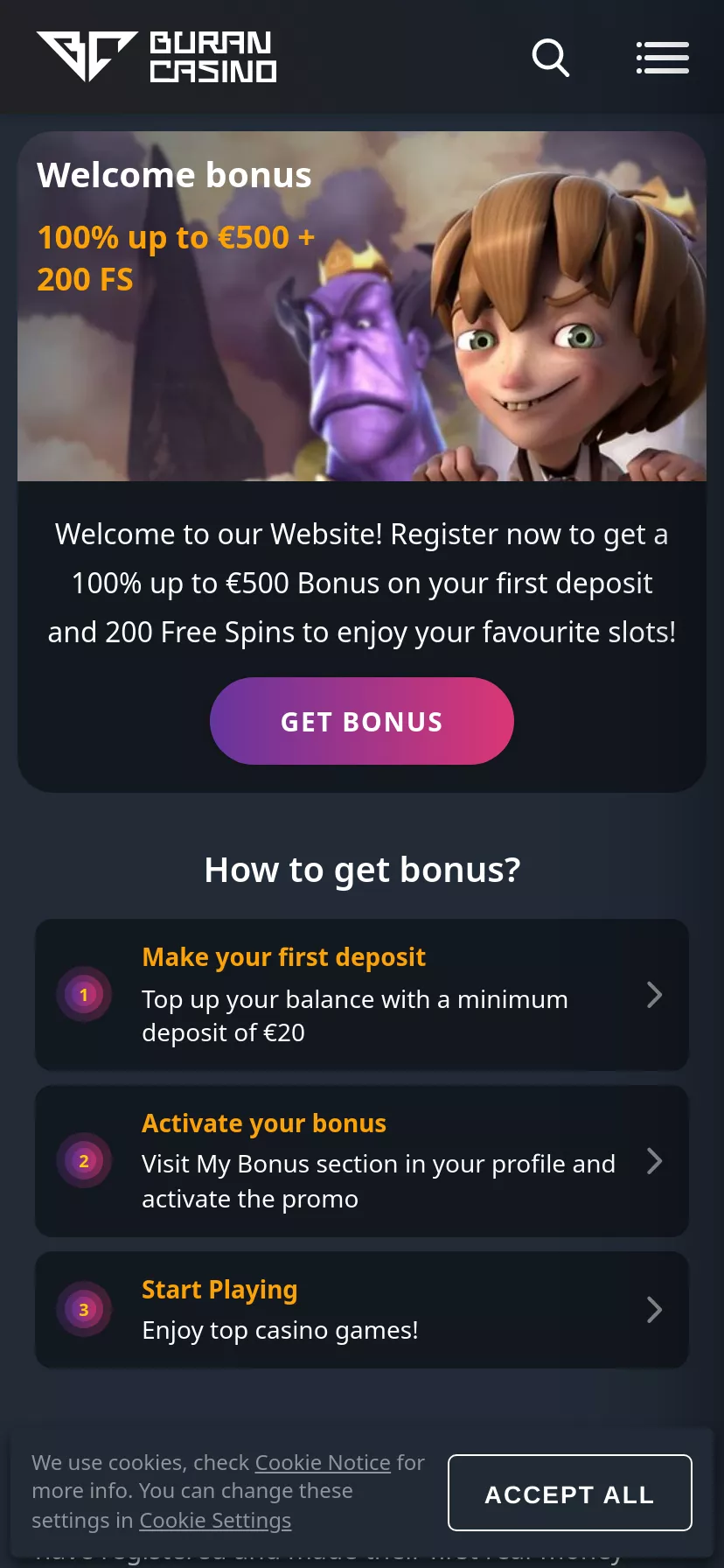 Mobile screen. Buran Casino 100% up to $500 + 200 FS + 1 Bonus Crab
