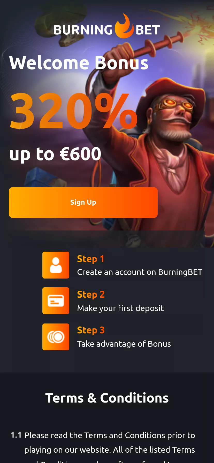 Mobile screen. Burningbet Up to €600