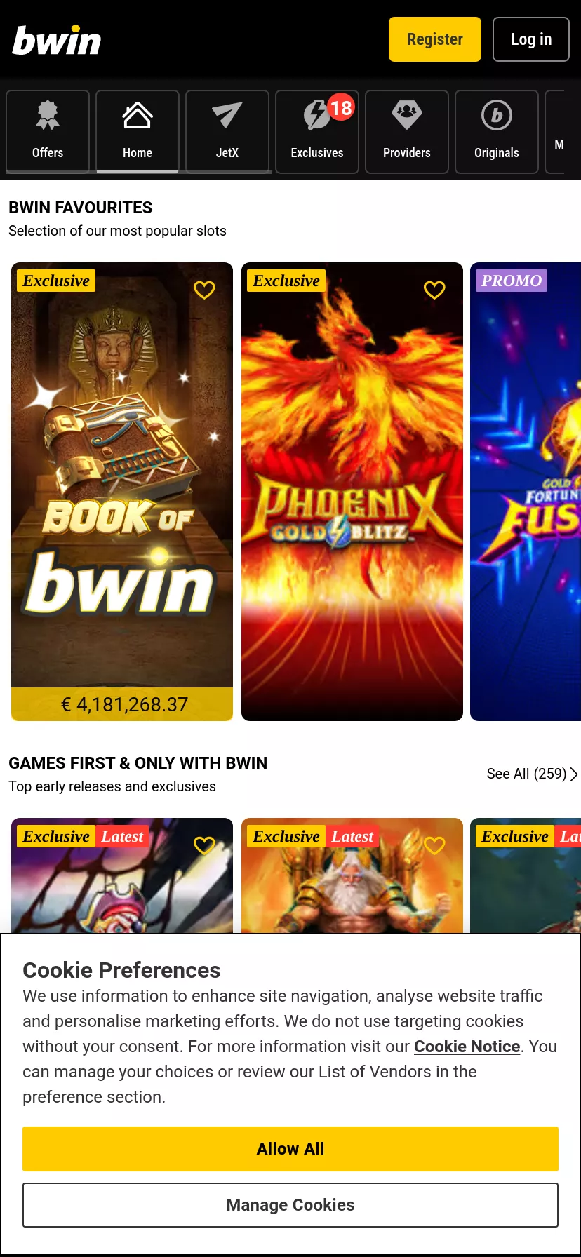 Mobile screen. Bwin Get 100 FS