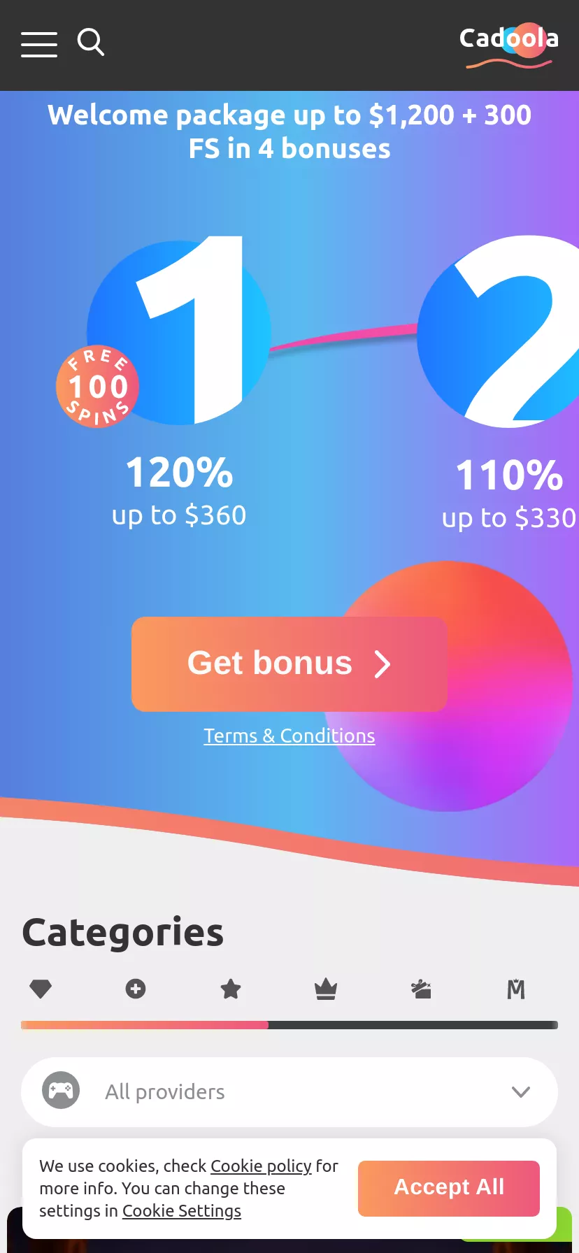 Mobile screen. Cadoola casino Up to C$1200 + 300 FS + 1 Bonus Crab