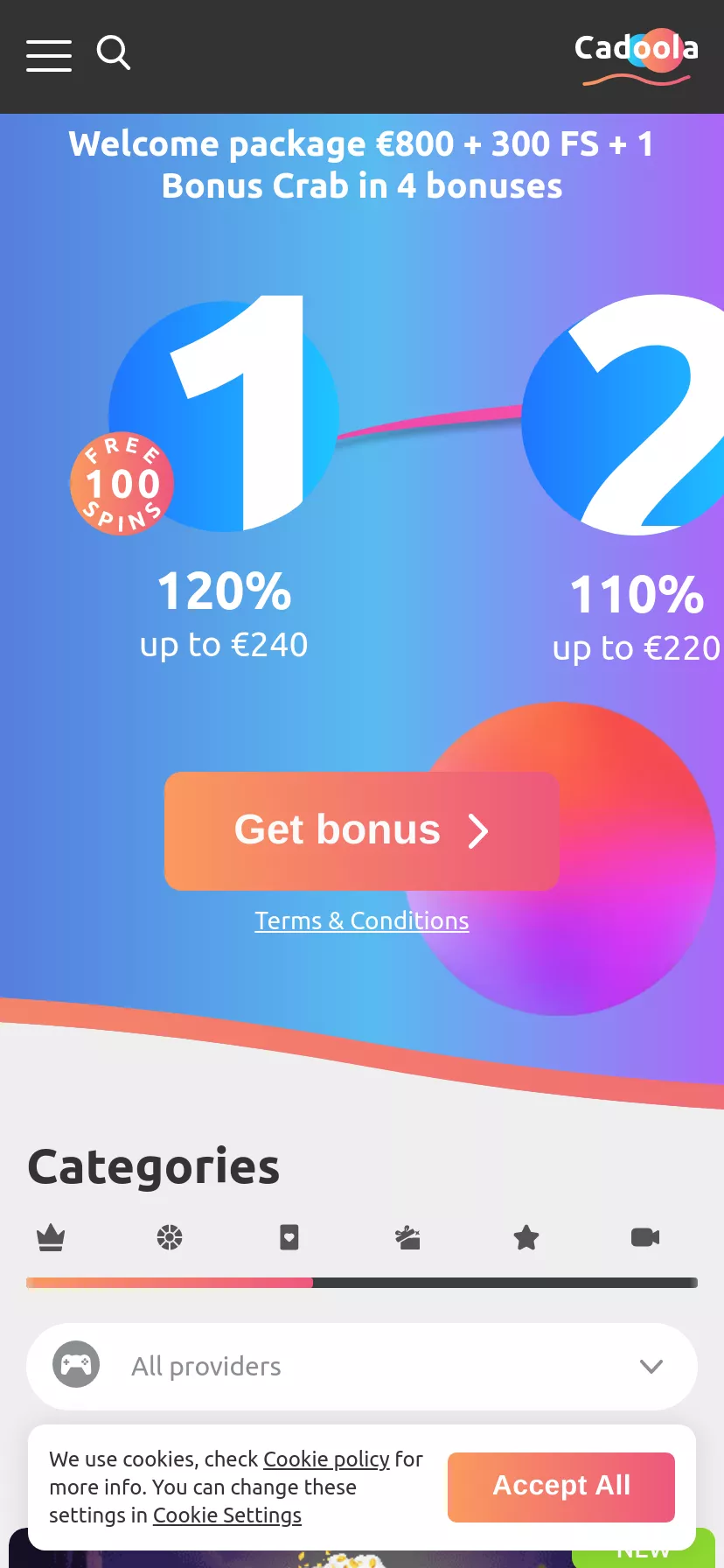 Mobile screen. Cadoola casino Up to $800 + 200 FS + 1 Bonus Crab