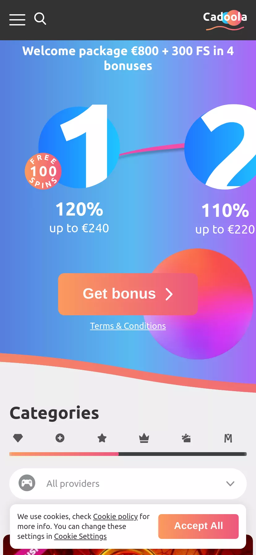 Mobile screen. Cadoola casino Up to €800 + 300 FS + 1 Bonus Crab