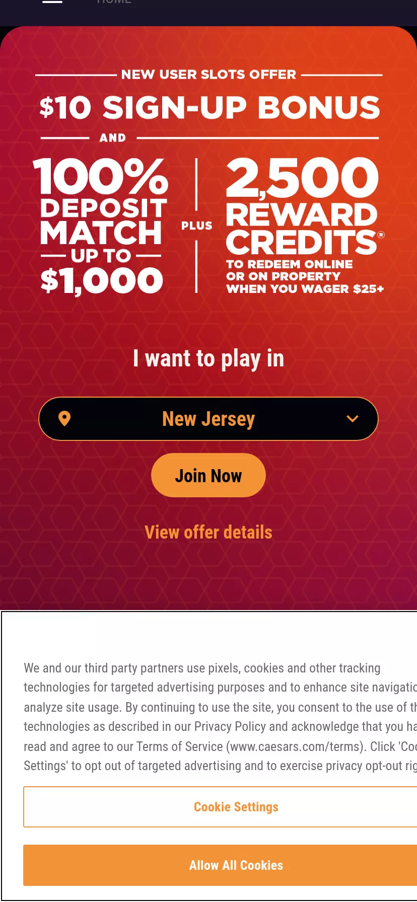 Mobile screen. Caesars Palace 100% up to $1,000 + 2,500 Reward Credits