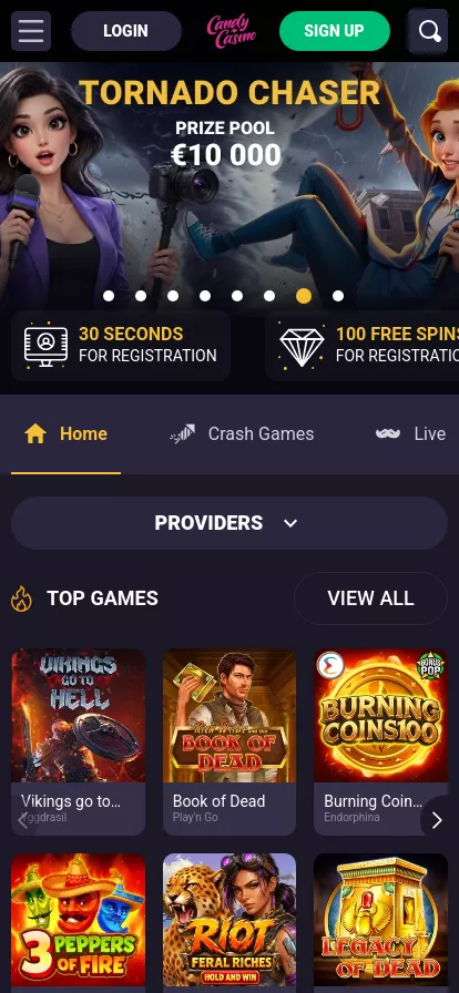 Mobile screen. Candy Casino Get 100 FS