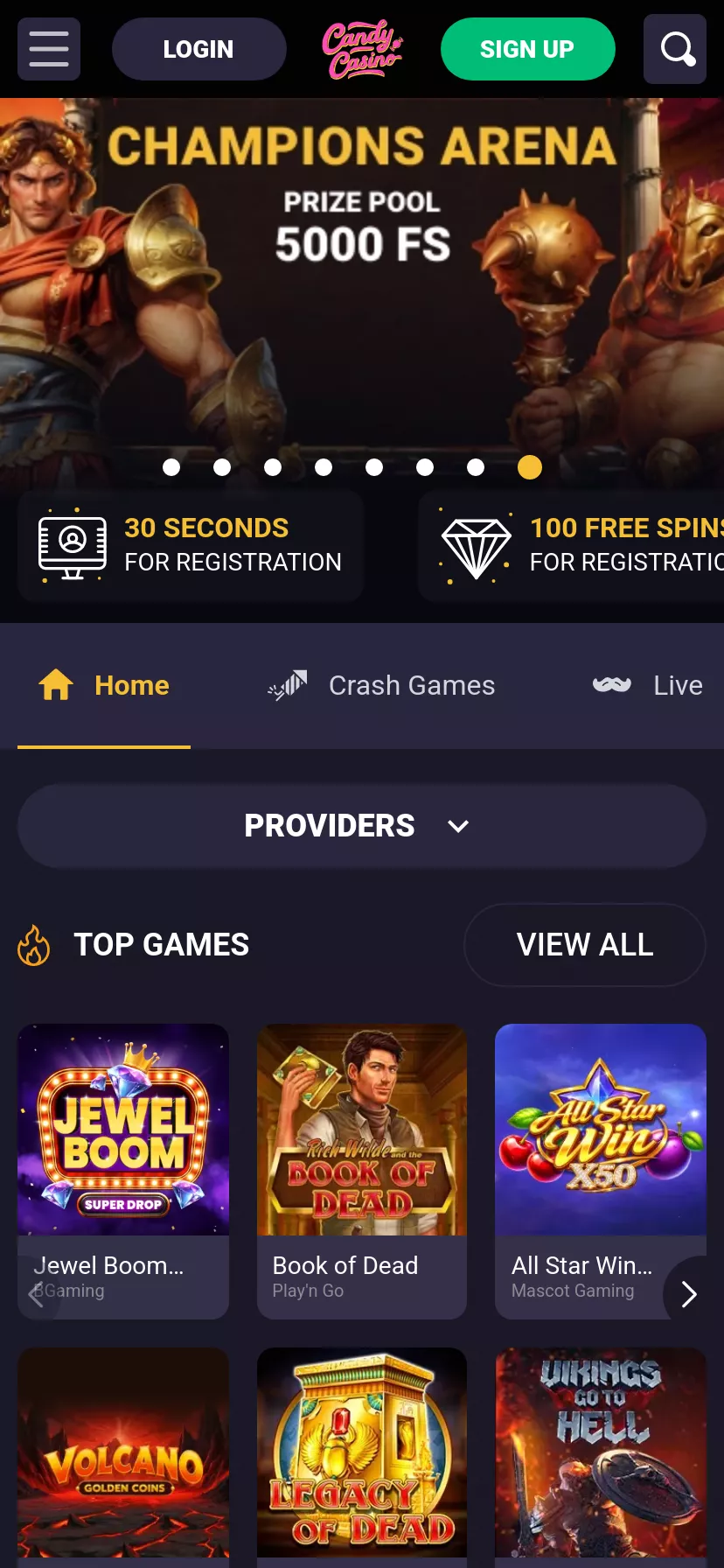 Mobile screen. Candy Casino Up to $350 + 150 FS