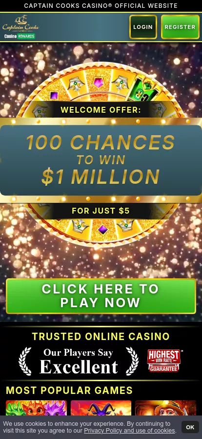 Mobile screen. Captain Cooks Casino Up to $500