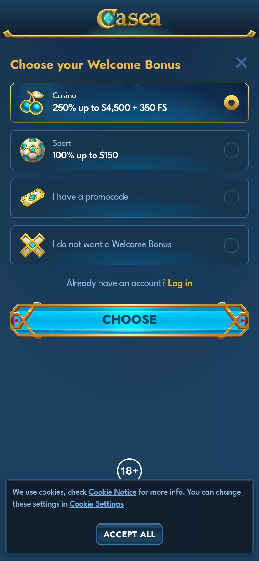 Mobile screen. Casea Up to $3000 + 350 FS