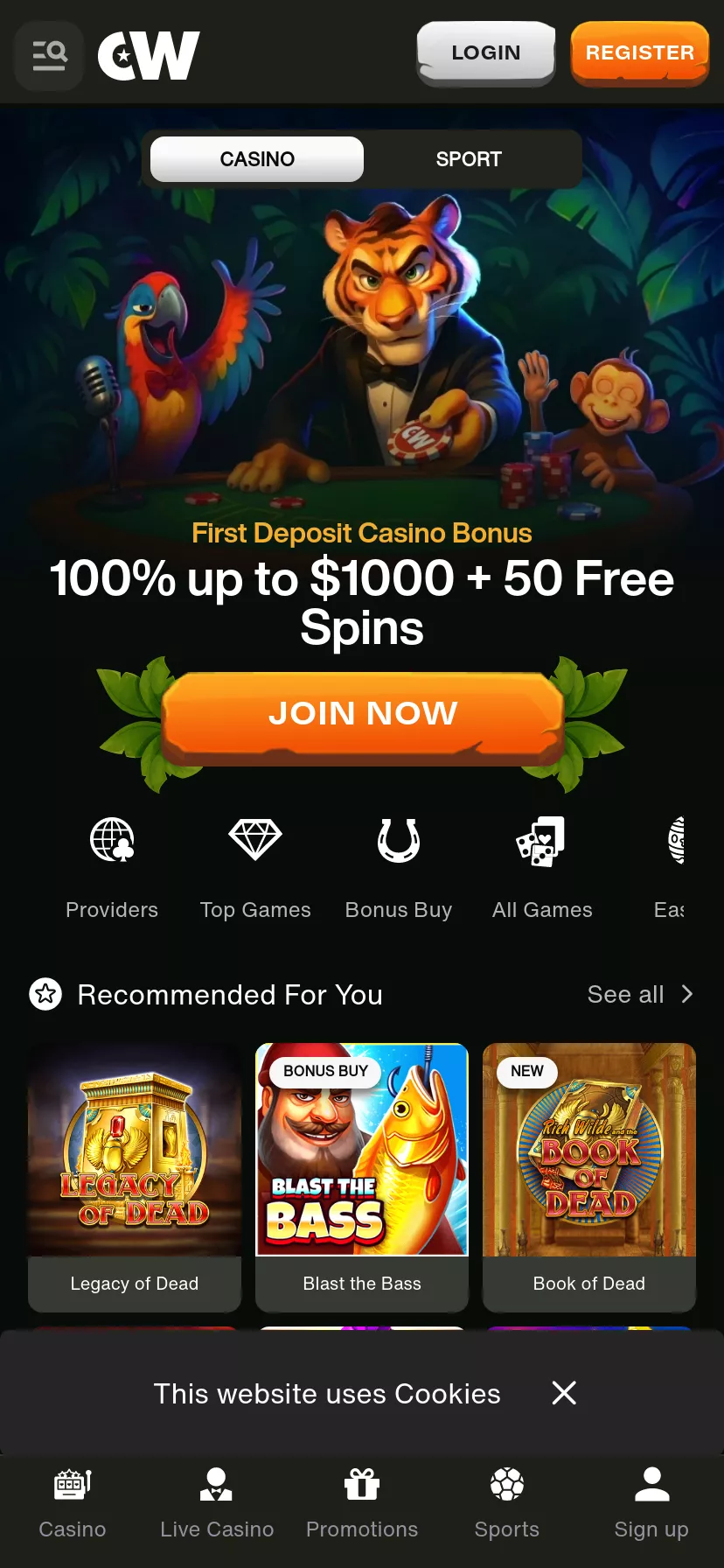 Mobile screen. Cashwin Up to $1750 + 50 FS