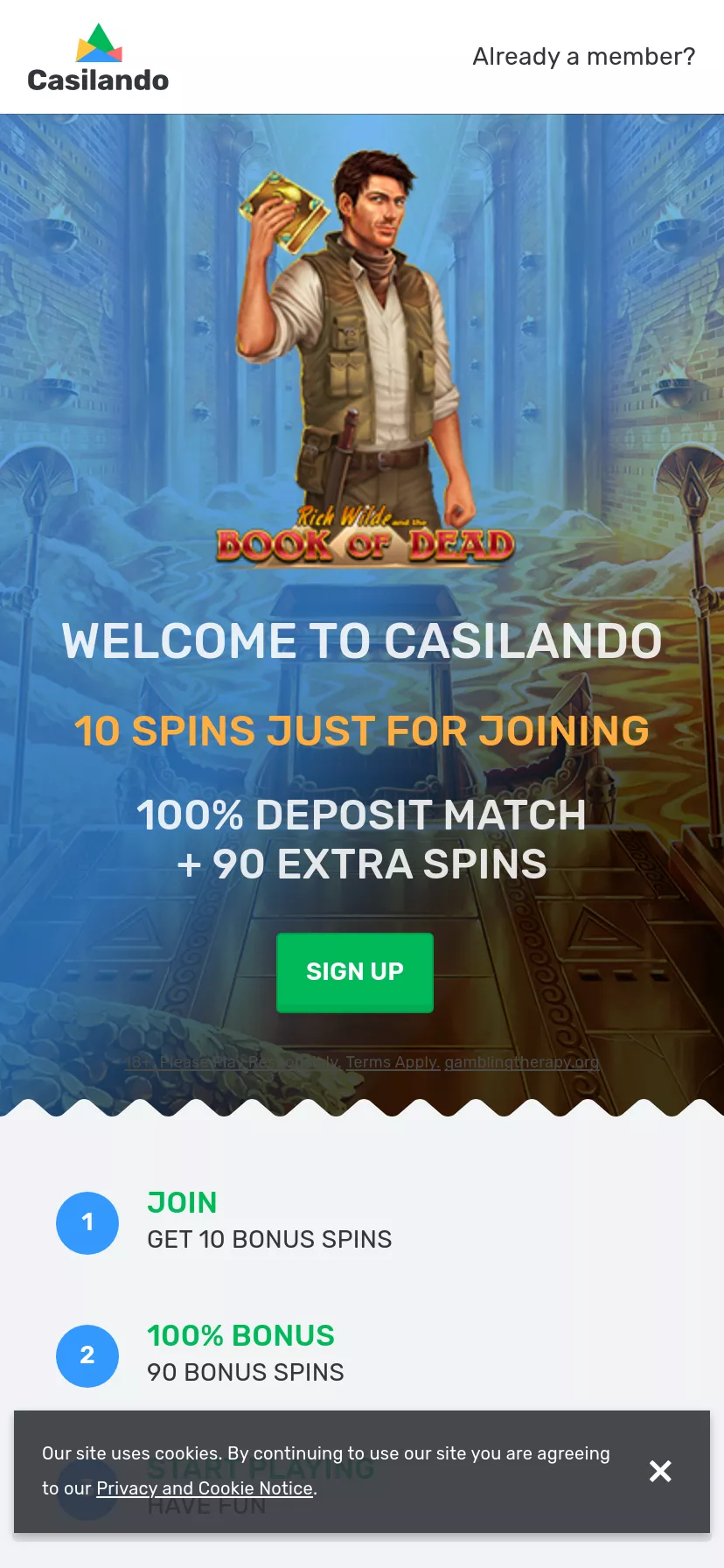 Mobile screen. Casilando 100% up to $300 + 90 FS