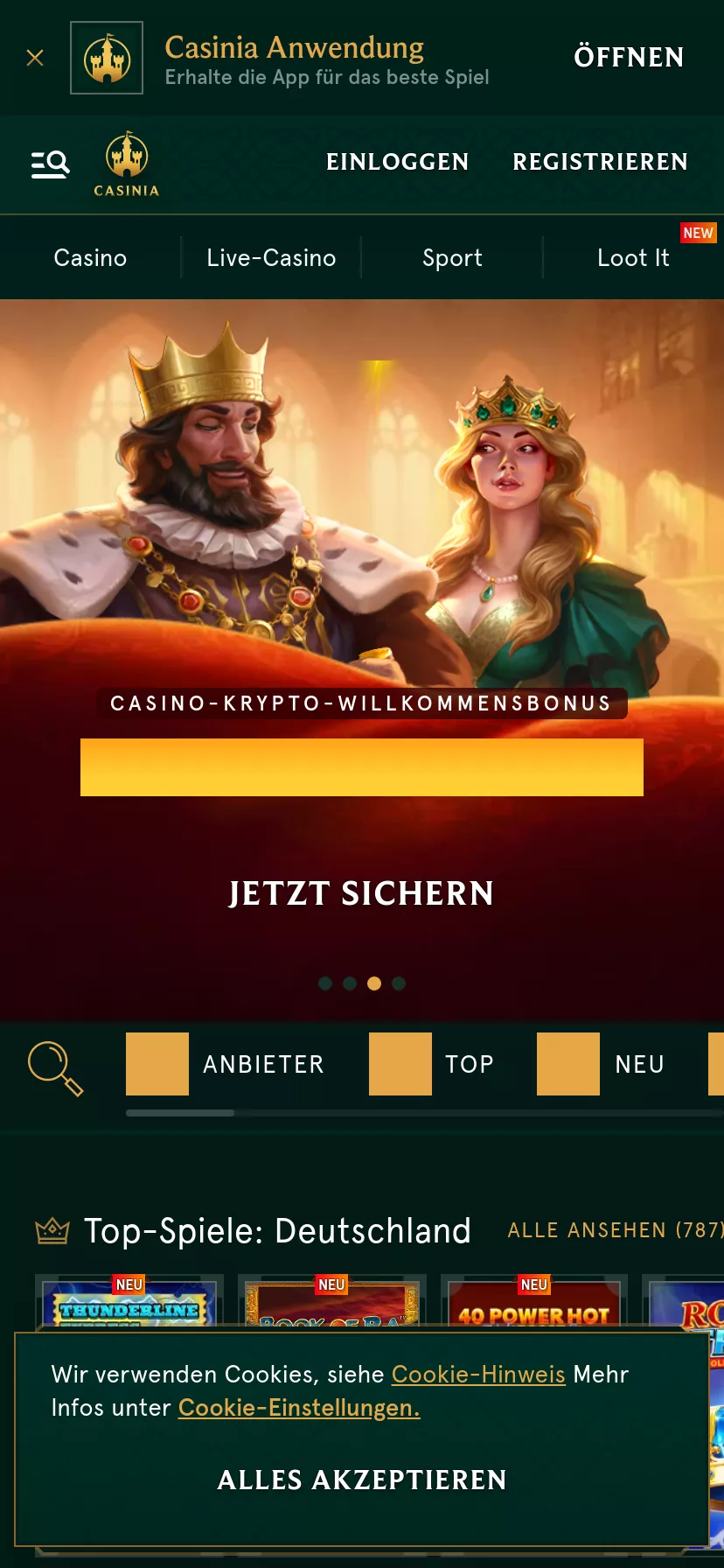 Mobile screen. Casinia 100% up to $500 + 200 FS + 1 Bonus Crab