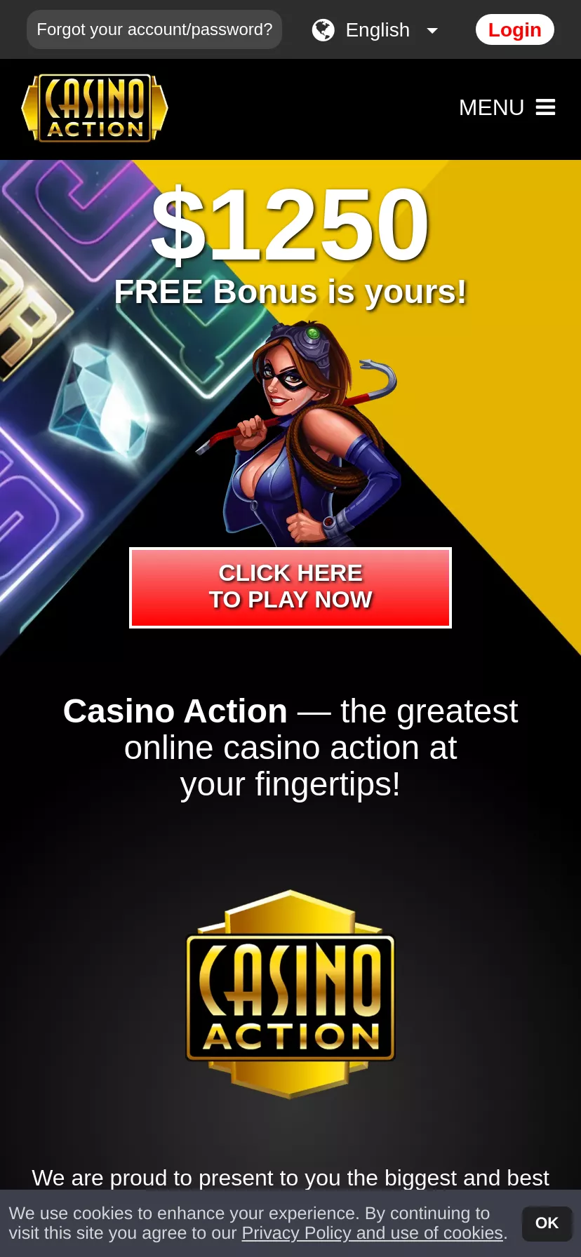 Mobile screen. Casino Action Up to $1250