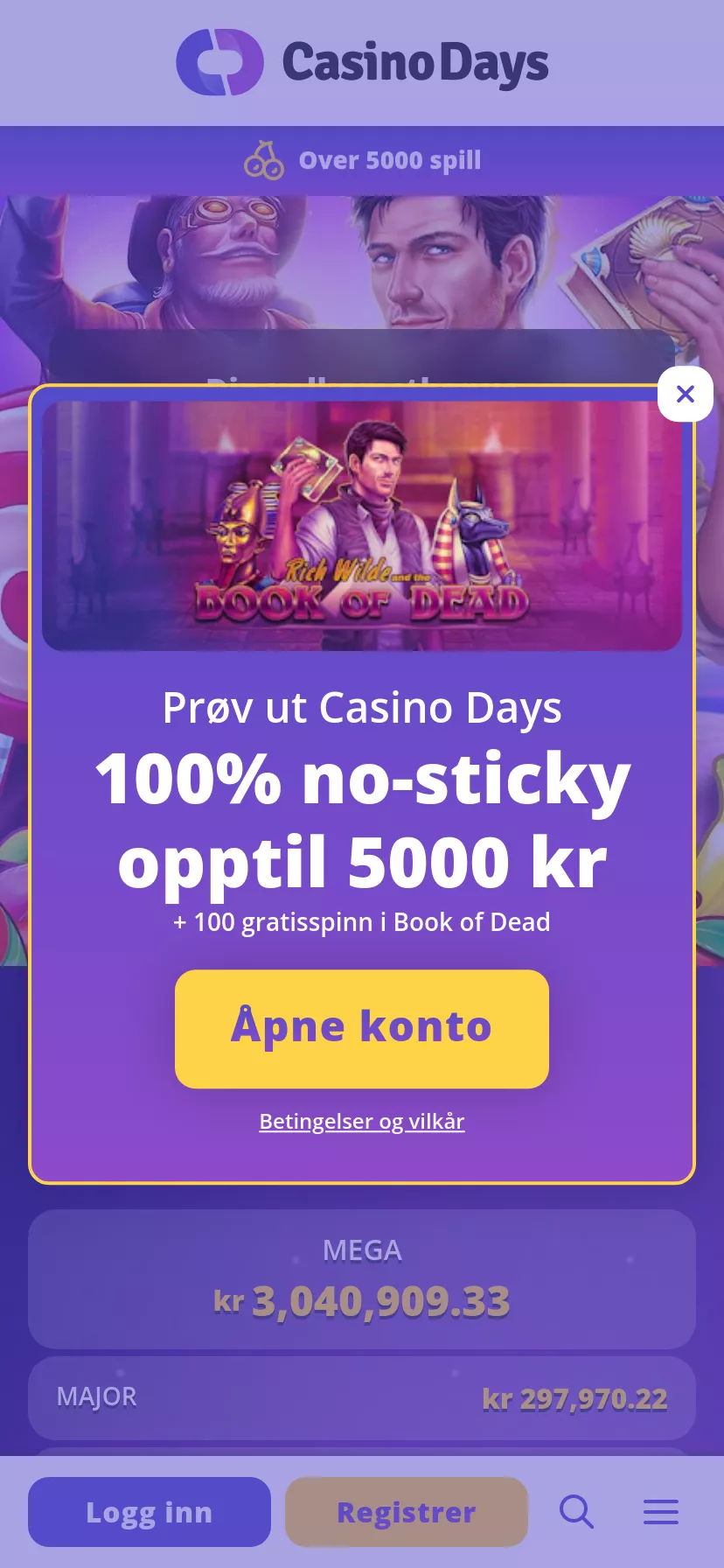 Mobile screen. Casino Days 100% up to $500 + 100 FS