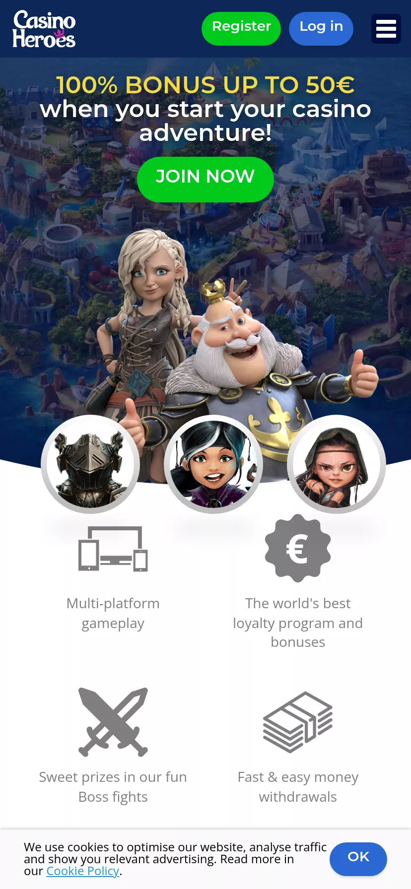 Mobile screen. Casino Heroes 100% up to €100