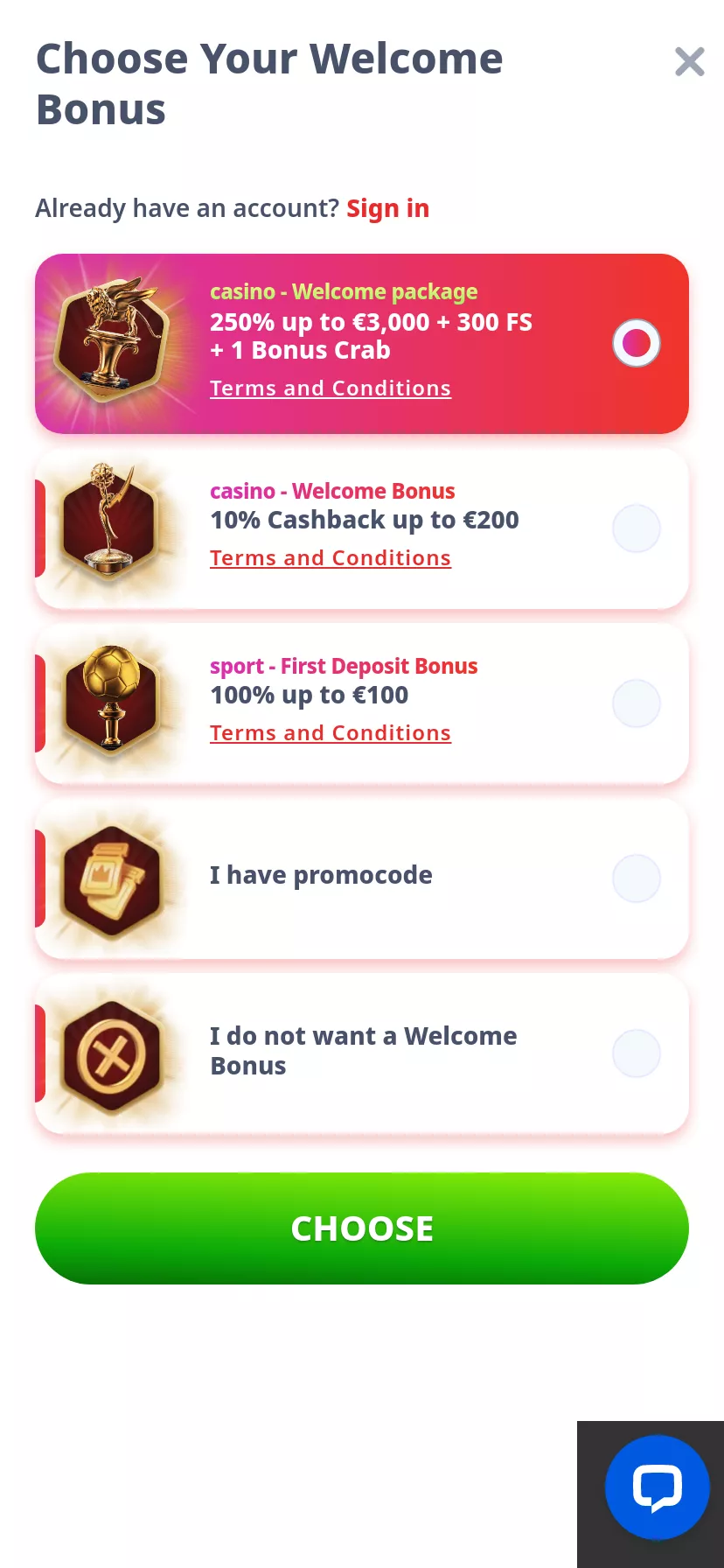 Mobile screen. Casino Infinity 100% up to $500 + 200 FS