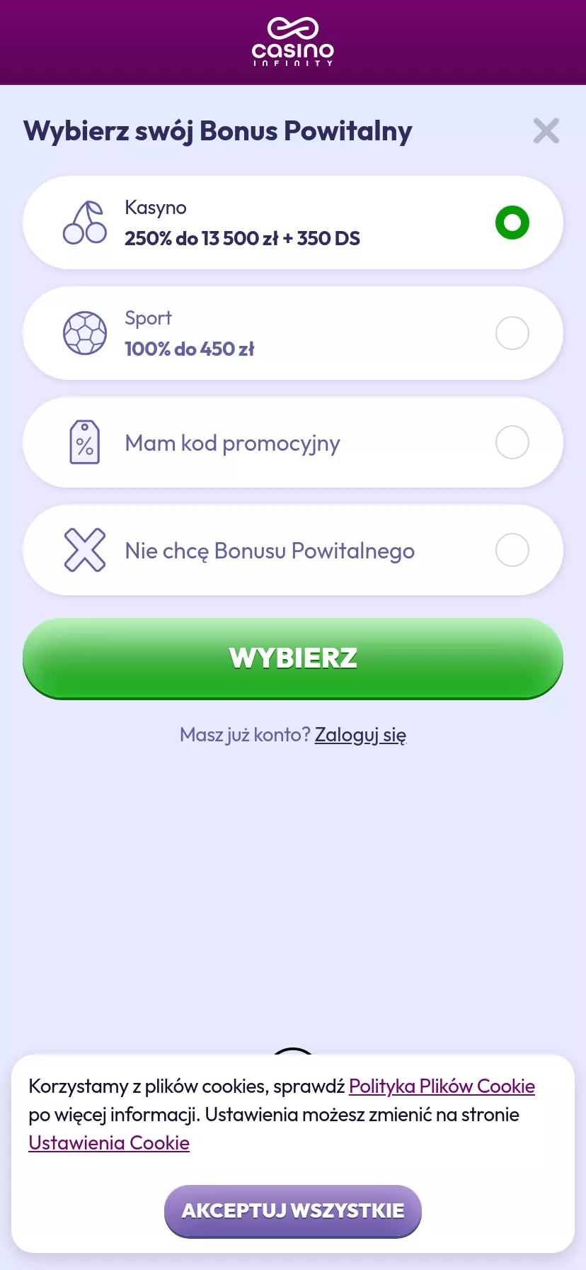Mobile screen. Casino Infinity 100% up to zł2250 + 200 FS