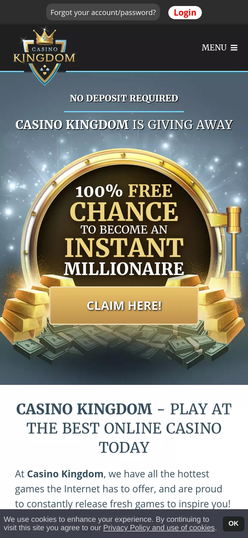 Mobile screen. Casino Kingdom Up to $200 + 40 FS