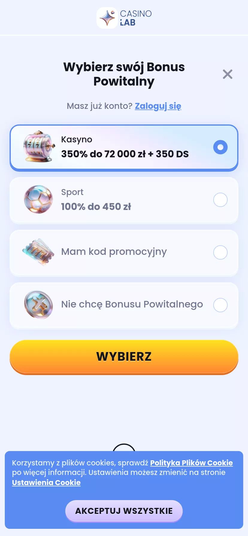 Mobile screen. Casino Lab 100% up to zł2250 + 200 FS + 1 Bonus Crab