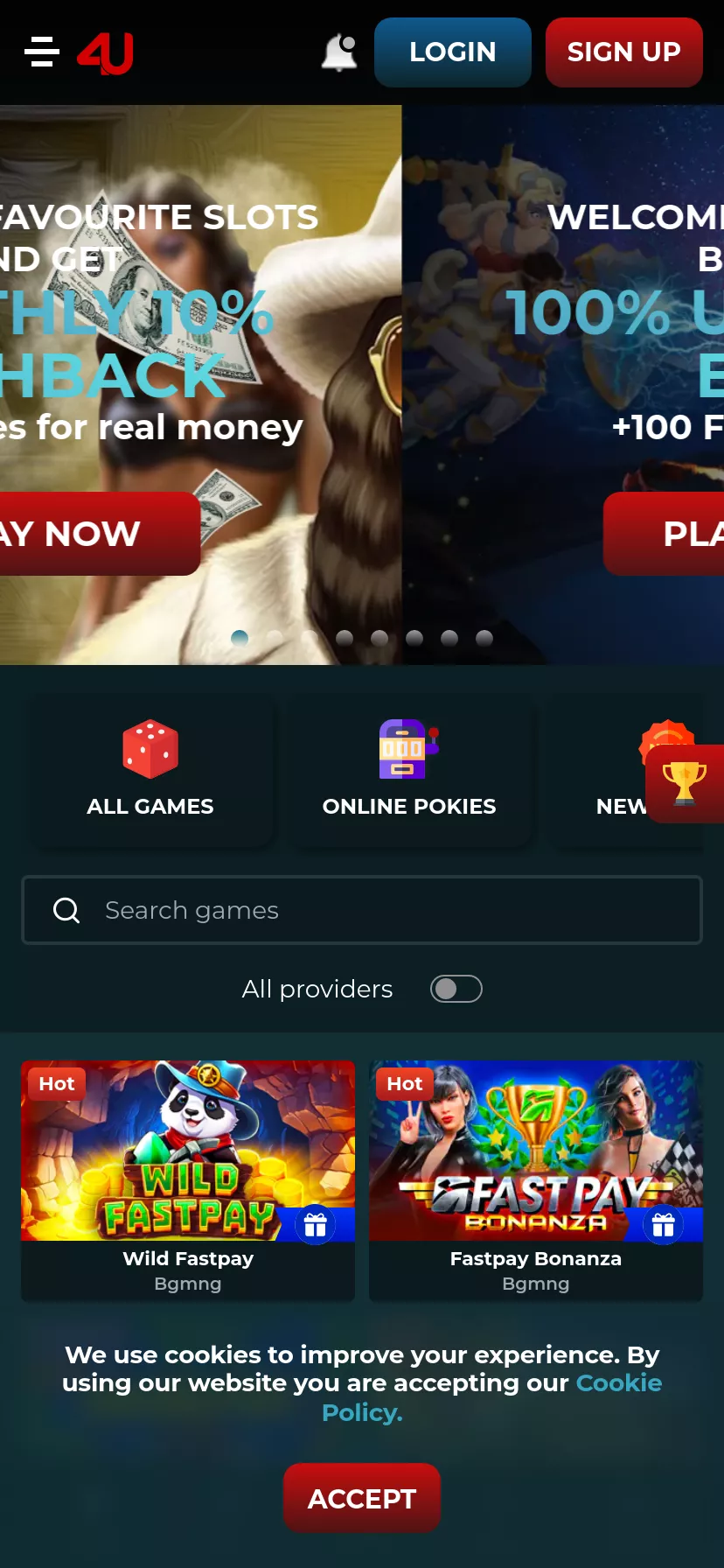 Mobile screen. Casino4u Up to $350 + 100 FS