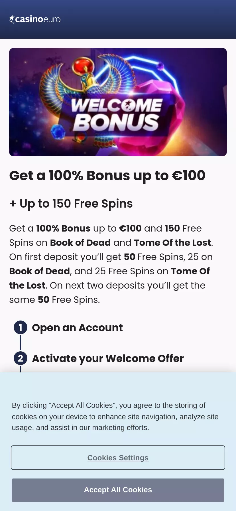 Mobile screen. CasinoEuro Up to $100 + 150 FS