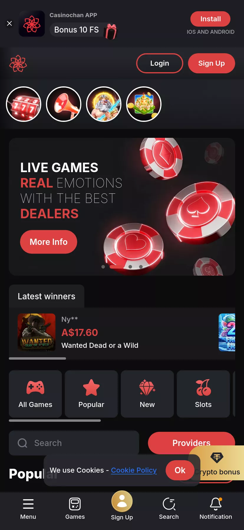 Mobile screen. Casinochan Up to $3500 + 260 FS