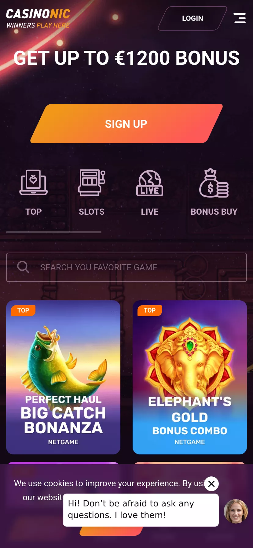 Mobile screen. Casinonic Up to $1200