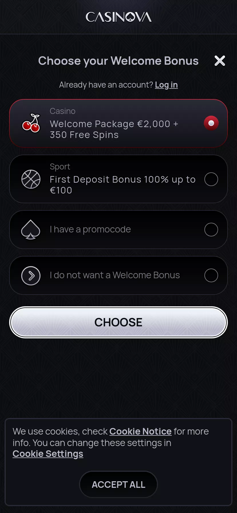 Mobile screen. Casinova Up to $2000 + 350 FS
