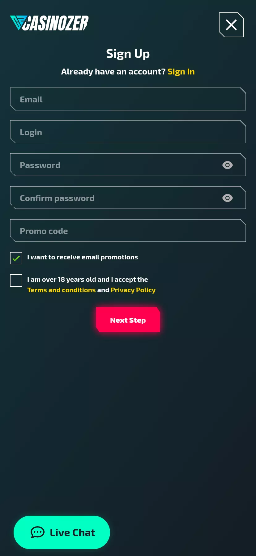 Mobile screen. Casinozer Get 100 FS
