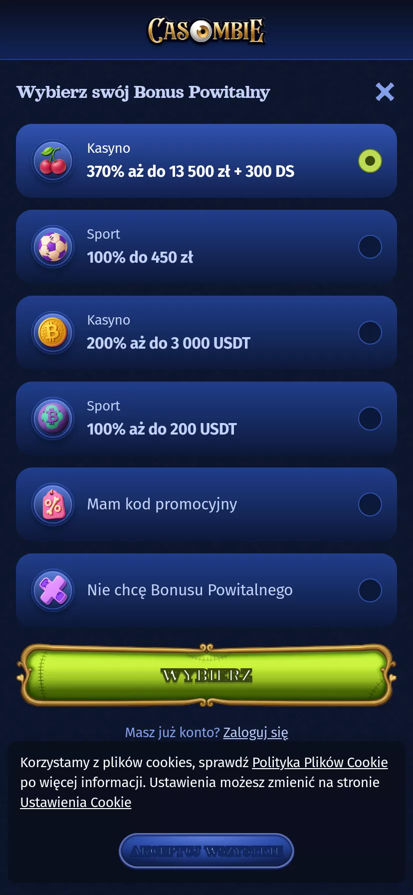 Mobile screen. Casombie Up to zł13500 + 300 FS