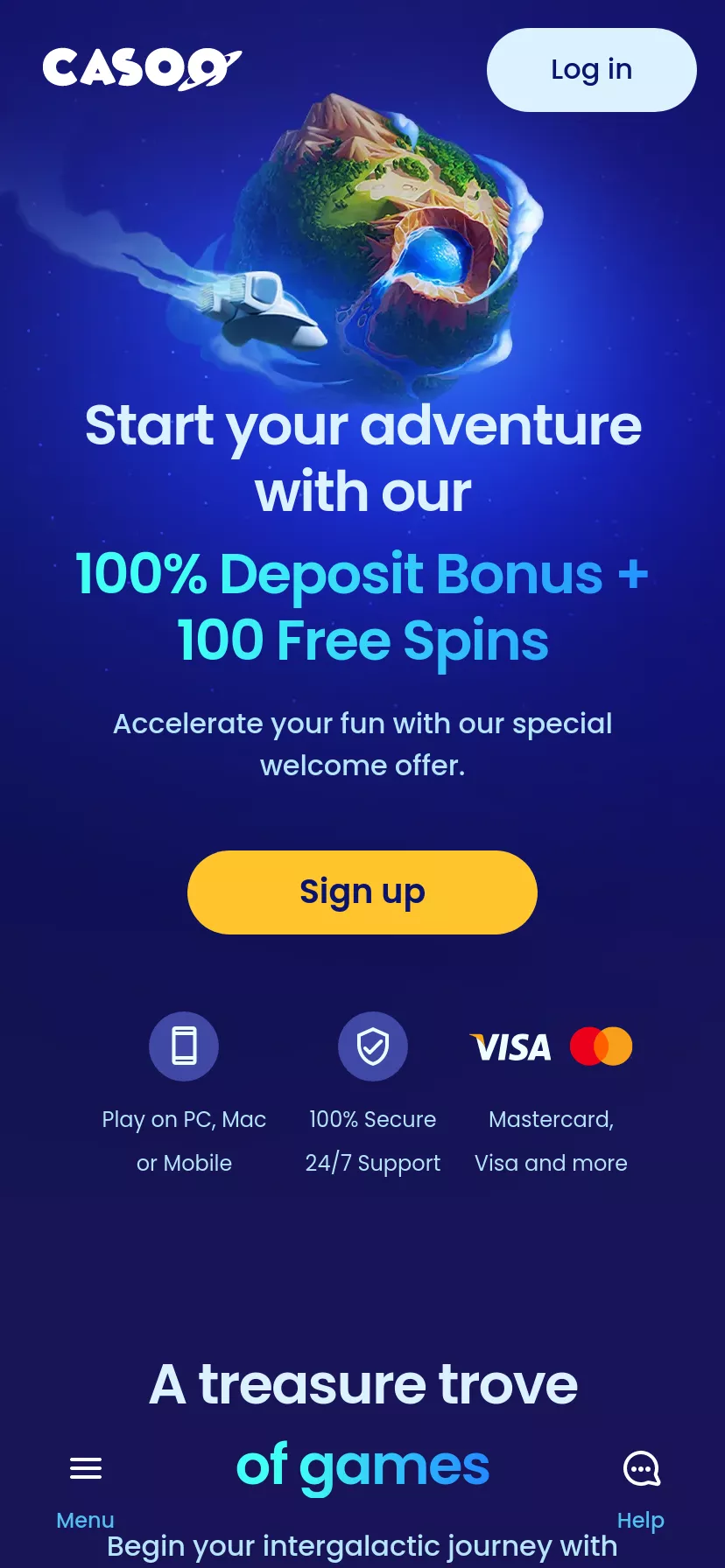 Mobile screen. Casoo Up to $600 + 250 FS