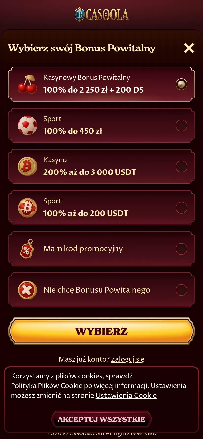Mobile screen. Casoola 100% up to zł2250 + 200 FS