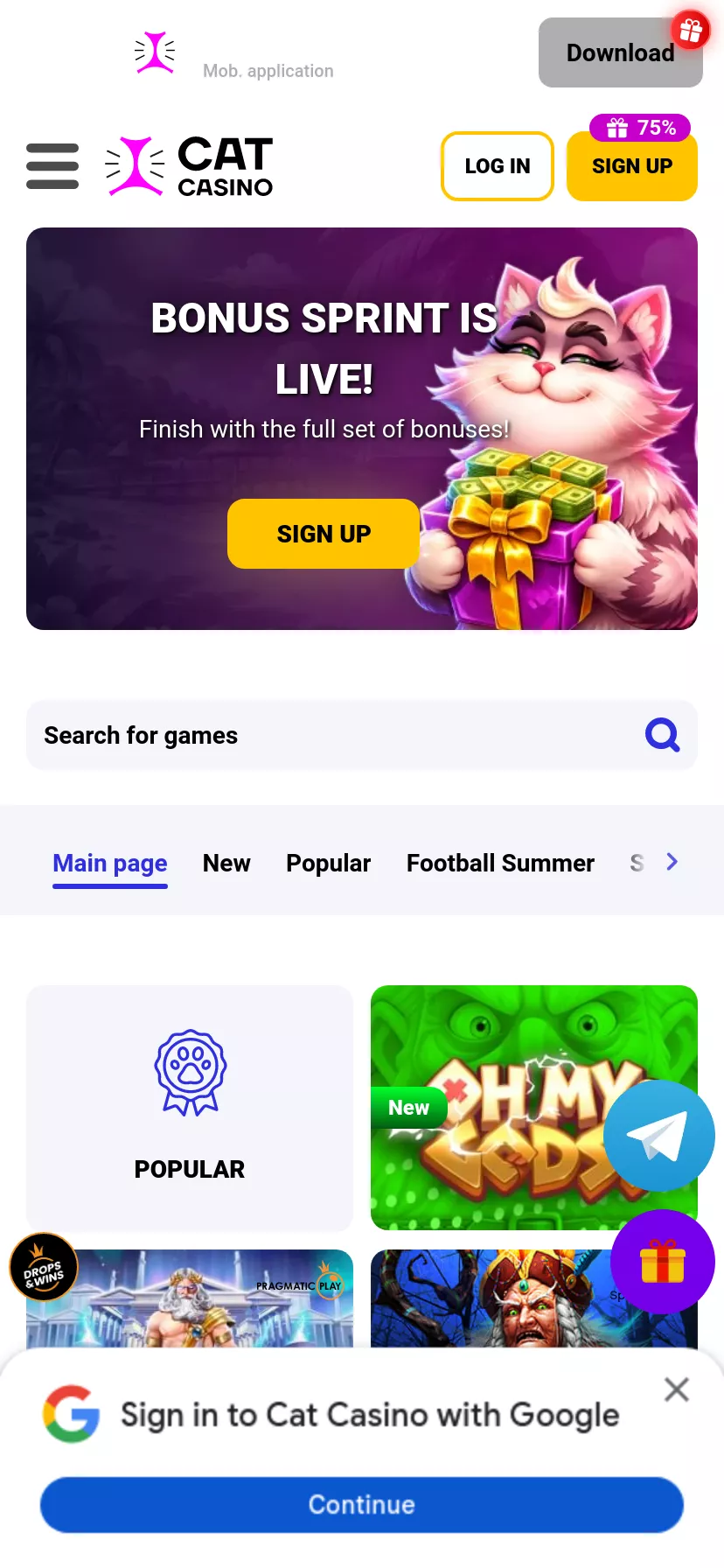 Mobile screen. CatCasino 75% up to $300 + 50 FS