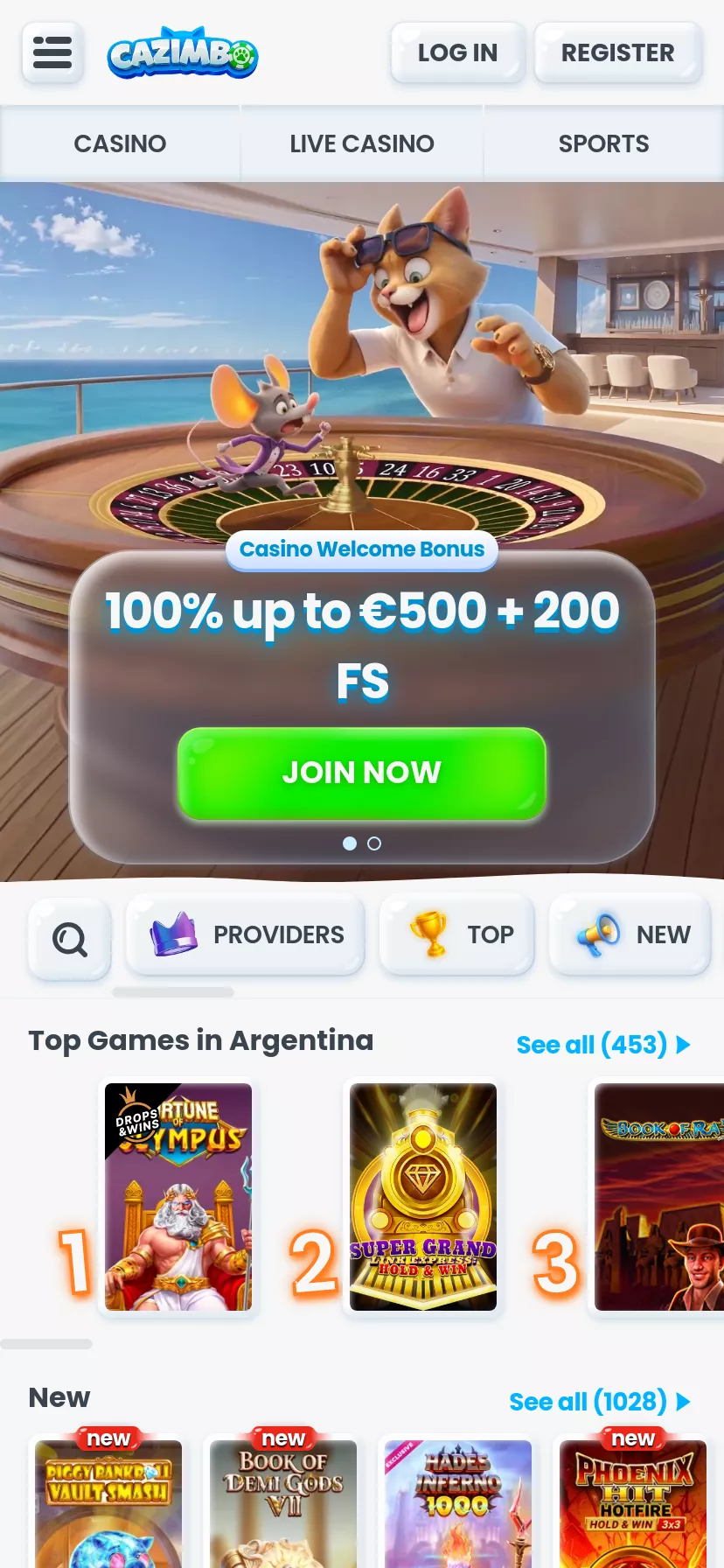 Mobile screen. Cazimbo Casino 100% up to $500 + 200 FS + 1 Bonus Crab