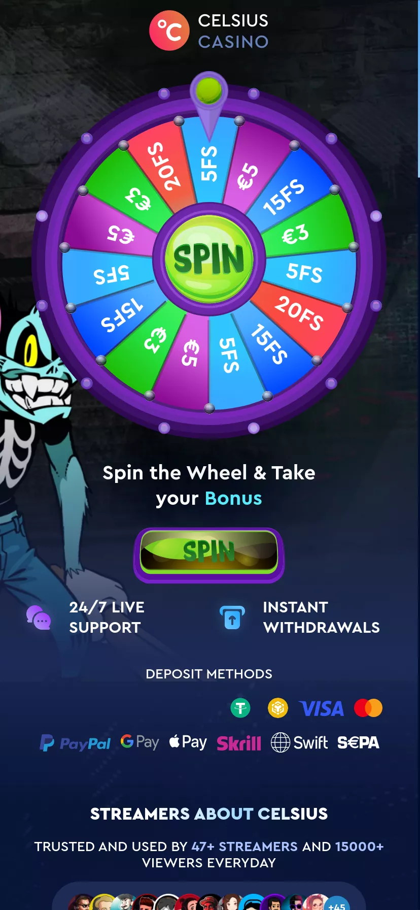 Mobile screen. Celsius Casino Up to $2000 + 250 FS